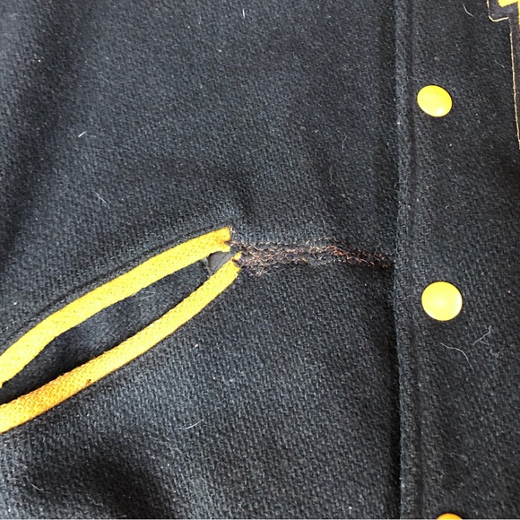 50s Black Gold Wool Letterman Varsity Jacket Distressed Athletic Satin Lining - Picture 6 of 10
